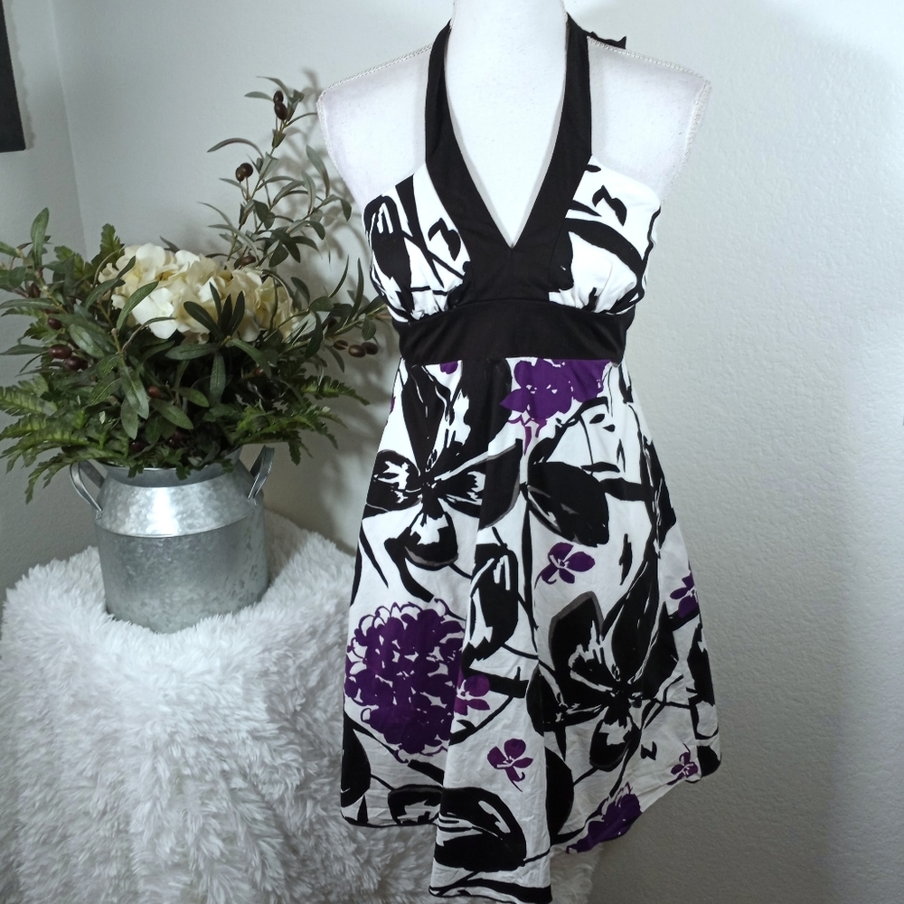 SPEECHLESS HALTER DRESS SZ.7 EUC PURPLE, BLACK